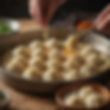 Filling Dumplings with Flavor Dumplings being filled with a flavorful mixture