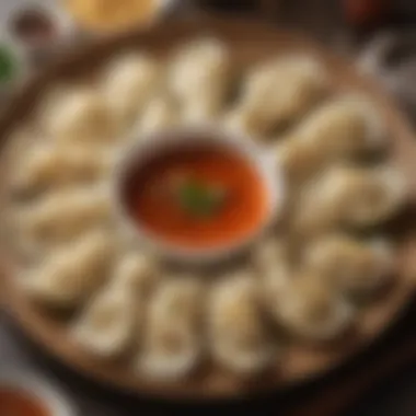 A beautifully arranged platter of dumplings with dipping sauces