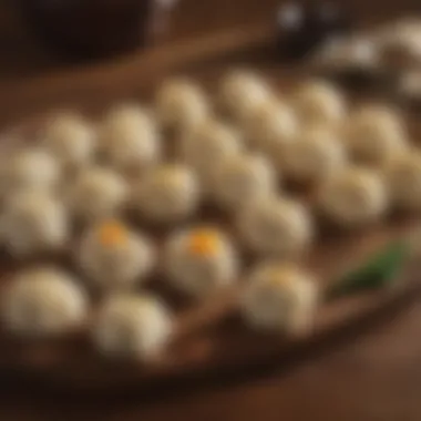 Dumpling Variations with Artistic Flair Elegant display of dumpling variations on a wooden table