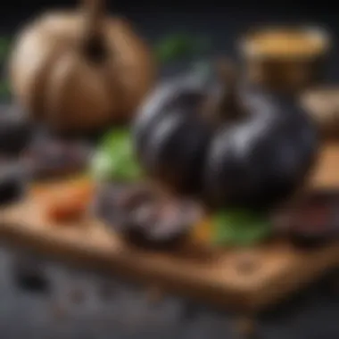 Natural Black Garlic with Fresh Ingredients Natural black garlic alongside fresh vegetables and spices.