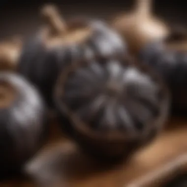 The Unique Texture of Black Garlic Close-up of black garlic bulbs showcasing their unique texture.
