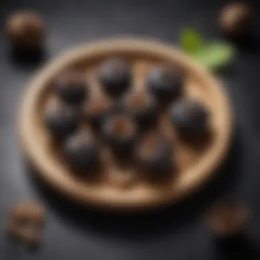 Culinary Creativity with Black Garlic A beautifully arranged dish featuring black garlic as a key ingredient.