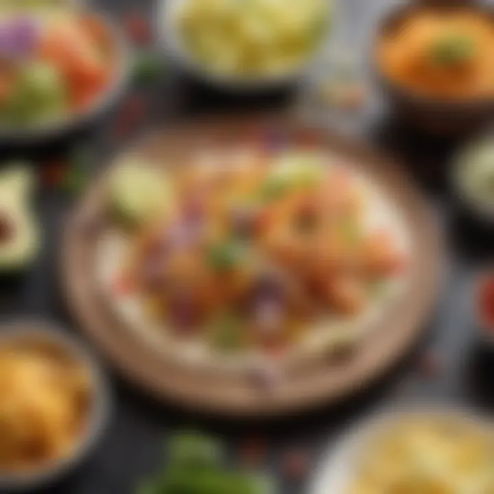 A colorful fish taco setup with toppings
