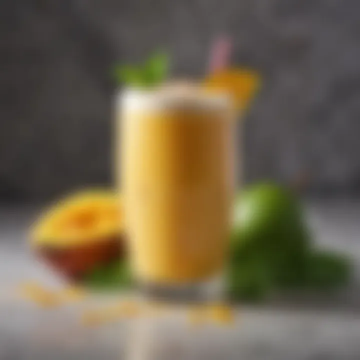 Tropical smoothie with coconut and mango, garnished with mint