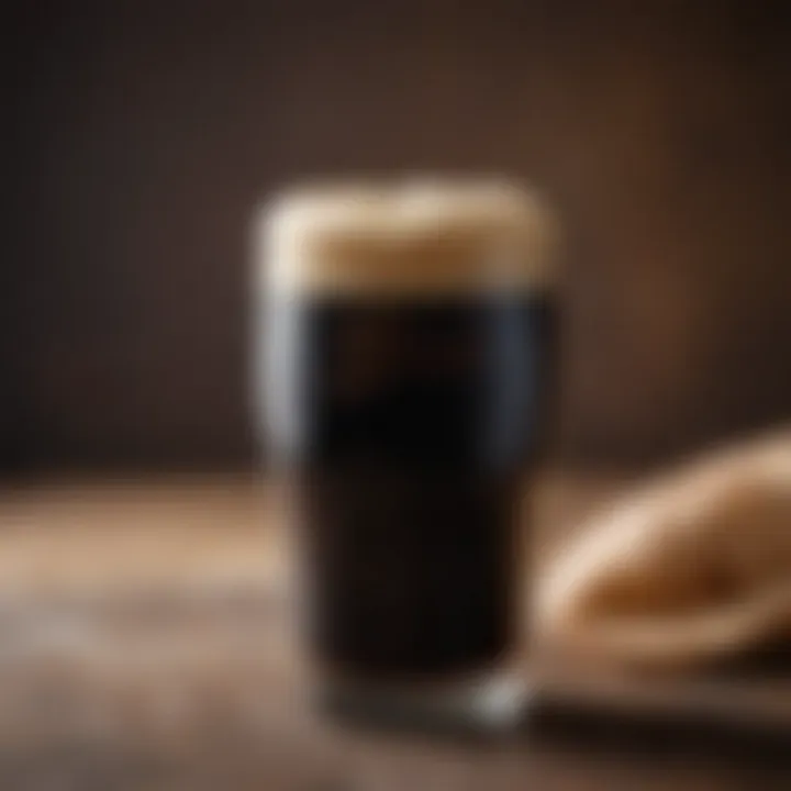 A close-up view of a pint of stout with a creamy head, highlighting the beer's texture and richness.