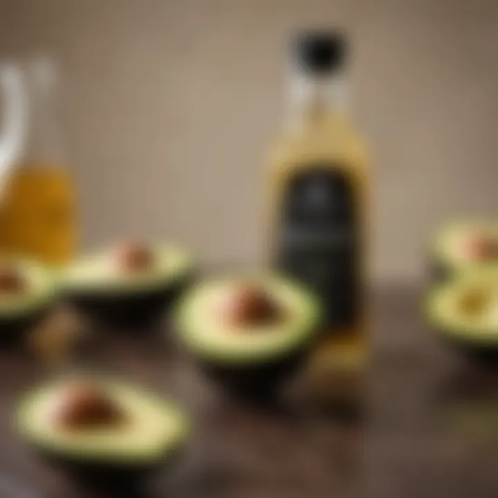 A bottle of avocado oil with avocados surrounding it