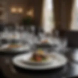 Elegant dining setup with fine china and crystal glassware in an upscale restaurant