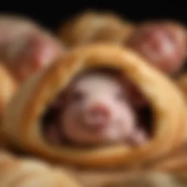 Close-up of a single pig in a blanket, highlighting the crispy pastry and succulent sausage inside.