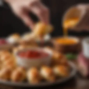 A variety of dipping sauces arranged alongside pigs in a blanket, adding a burst of color and flavor.