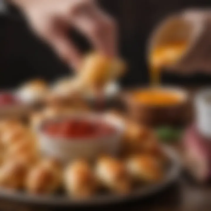 A variety of dipping sauces arranged alongside pigs in a blanket, adding a burst of color and flavor.