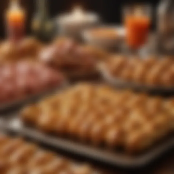 A festive gathering with pigs in a blanket featured prominently on the snack table, inviting guests to indulge.