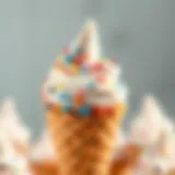 Close-up view of a marshmallow ice cream cone topped with colorful sprinkles