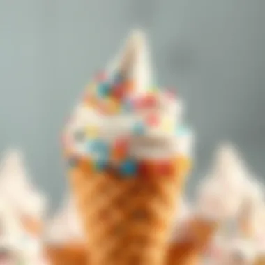 Close-up view of a marshmallow ice cream cone topped with colorful sprinkles