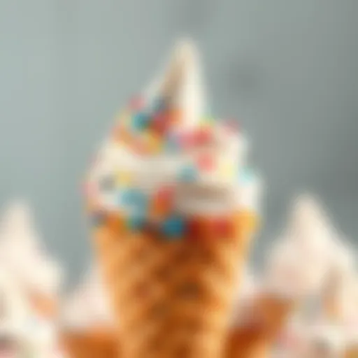 Close-up view of a marshmallow ice cream cone topped with colorful sprinkles