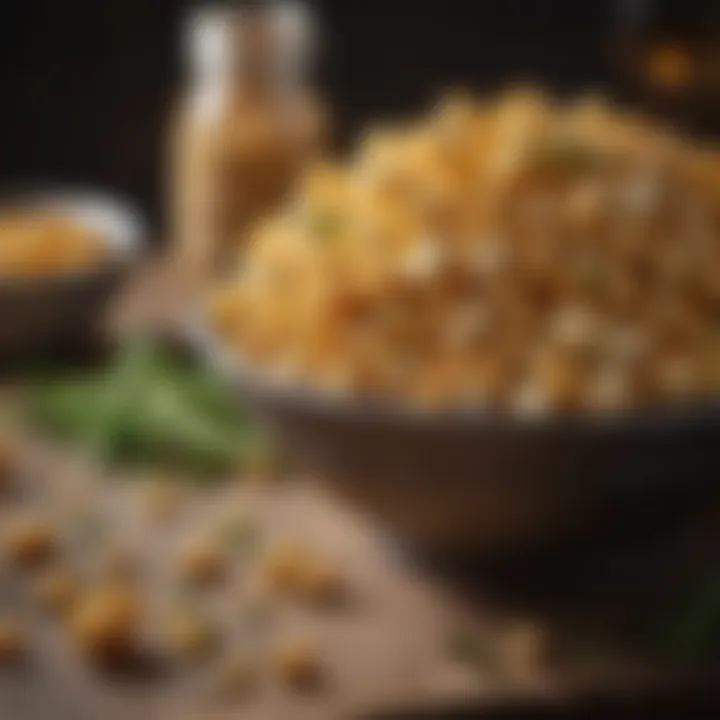 Savory popcorn with spices and herbs arranged on a rustic table.