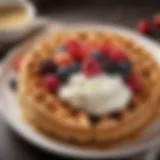 Golden Belgian waffle topped with fresh berries and whipped cream