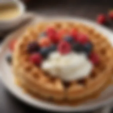 Indulgent Belgian Waffle Delight Golden Belgian waffle topped with fresh berries and whipped cream