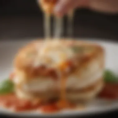 A close-up of a fork lifting a piece of Chicken Parmesan, showcasing the melted cheese