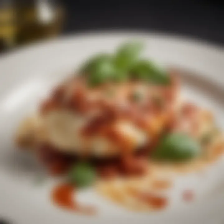 A beautifully plated Chicken Parmesan with a sprig of basil on top