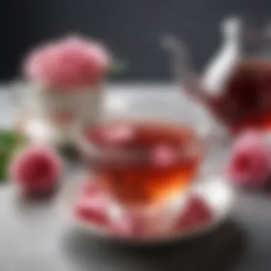 A beautifully arranged tea cup filled with rose flavored tea