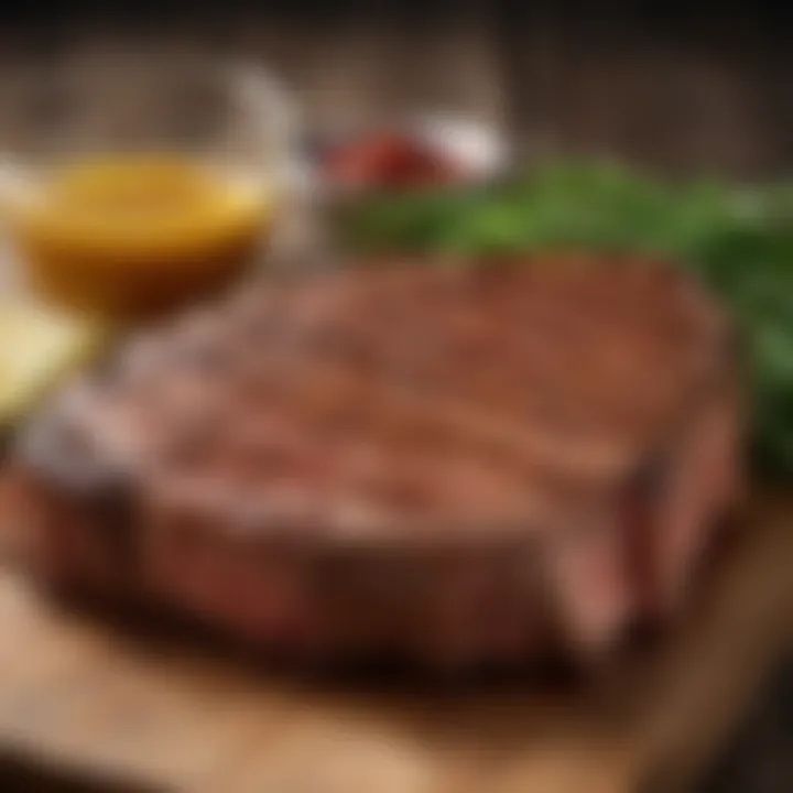 Marinated steak resting on a wooden board ready for grilling