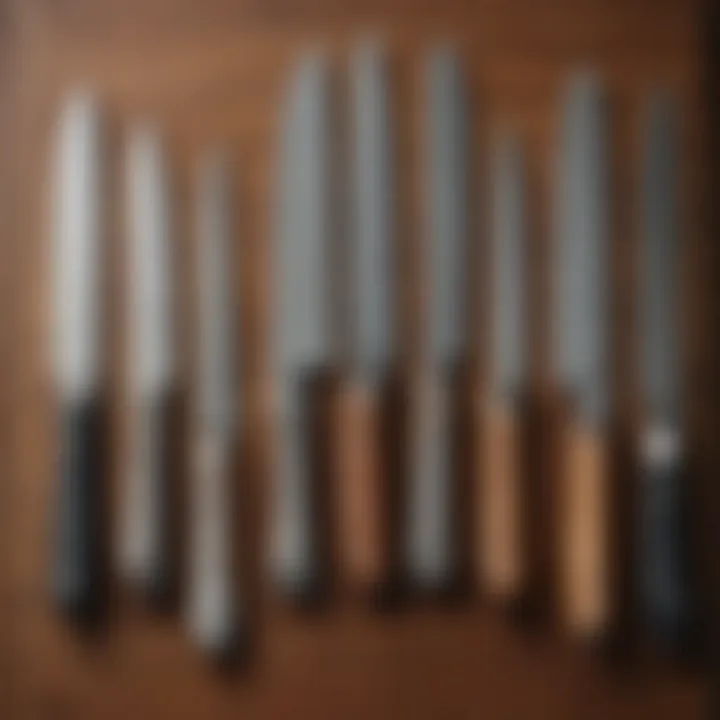 An array of different types of stainless steel knives on a wooden surface.