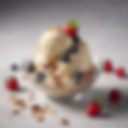 A bowl of creamy vegan ice cream topped with fresh berries and nuts