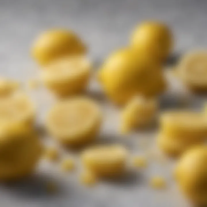 Close-up of lemon zest and fresh lemons on a marble surface