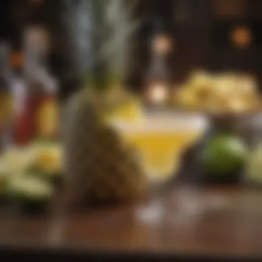 A vibrant cocktail bar displaying various ingredients for crafting pineapple margaritas