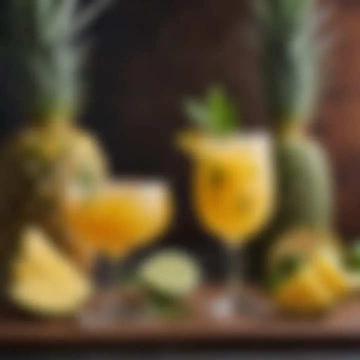 A refreshing margarita with pineapple juice garnished with a slice of pineapple and a sprig of mint