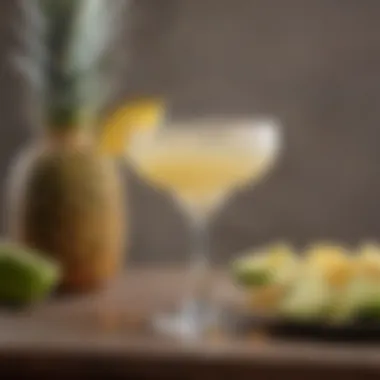 A close-up of a margarita glass with a salted rim and pineapple garnish on a beautifully set table