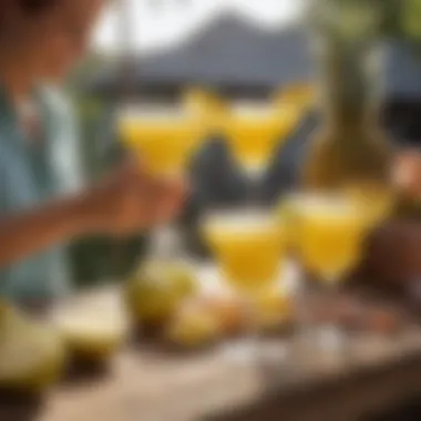 A scenic outdoor setting featuring friends enjoying pineapple margaritas during a summer gathering