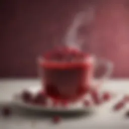 A steaming cup of cranberry coffee with cranberries on the side