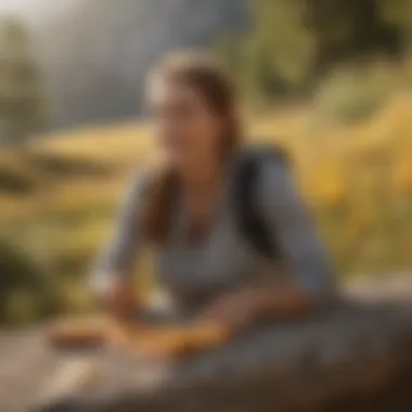 A vibrant outdoor scene with a person enjoying honey energy bars during a hike