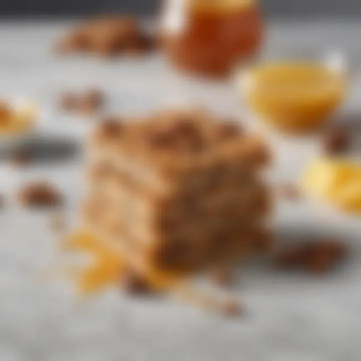 An assortment of ingredients used for making honey energy bars displayed on a marble countertop