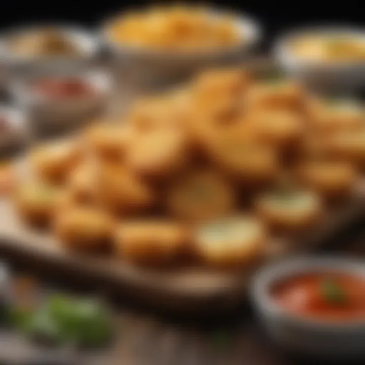 An assortment of dips and sauces arranged around crispy hash brown bites.
