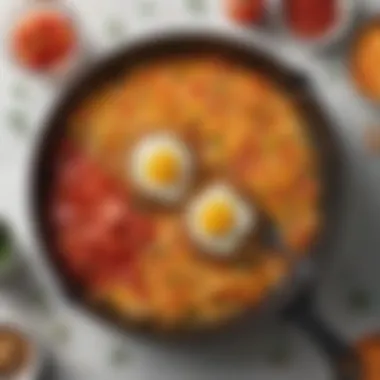 A colorful medley of vegetables mixed with frozen shredded hash browns in a skillet.