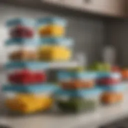 A collection of various shapes and sizes of microwavable glass containers arranged on a kitchen counter.