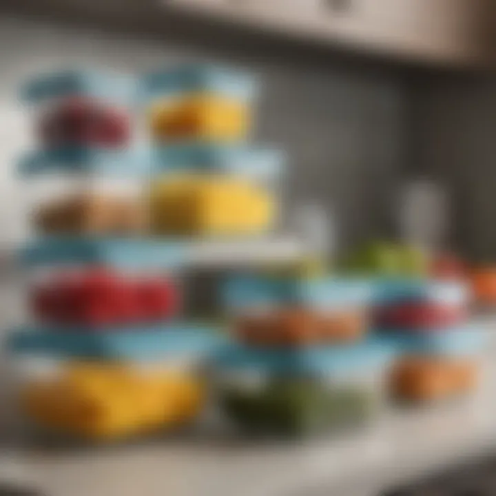 A collection of various shapes and sizes of microwavable glass containers arranged on a kitchen counter.