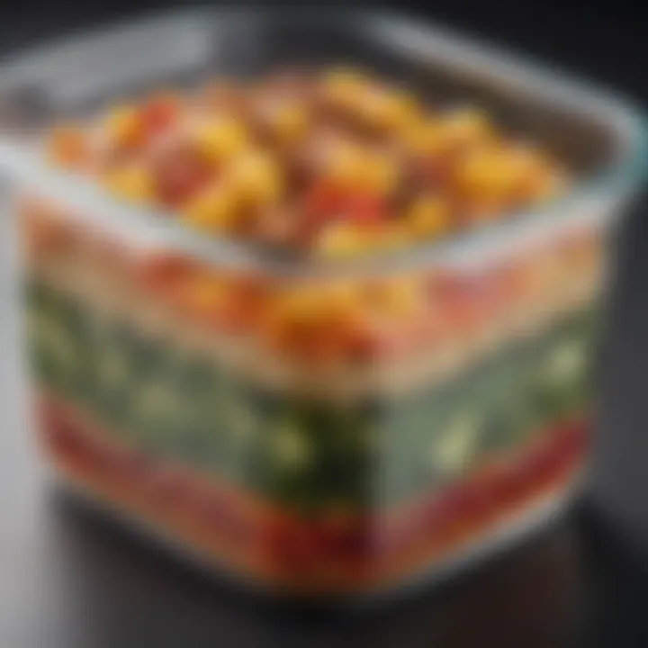 A close-up shot of a microwavable glass container filled with a colorful, healthy meal, ready for reheating.