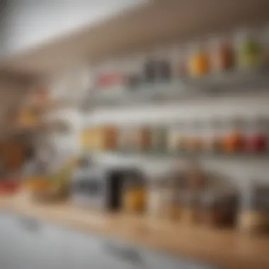 A neatly organized kitchen shelf displaying an assortment of labeled microwavable glass containers for easy access.