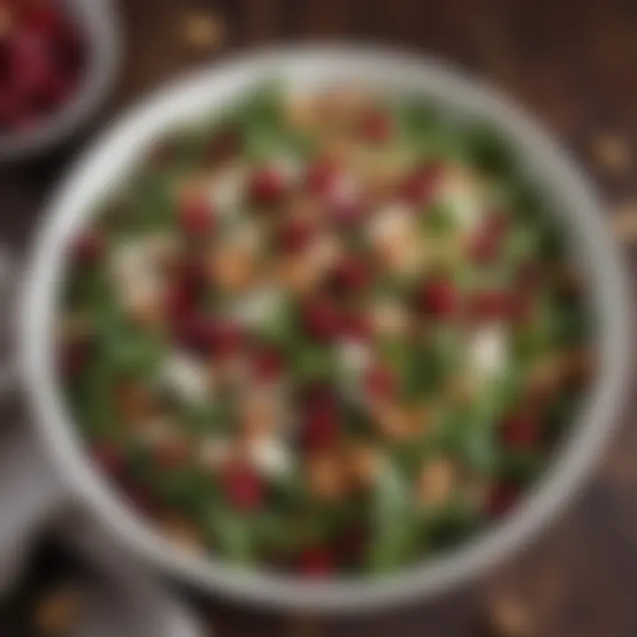 Close-up of a salad bowl showcasing cranberries and nuts