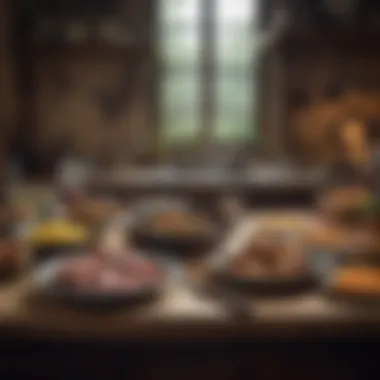A rustic kitchen scene featuring wild game dishes being served