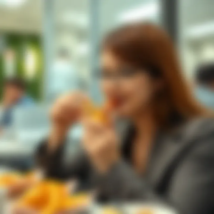 A busy professional enjoying a non-refrigerated snack on the go.
