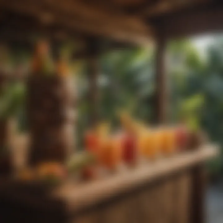 A beautifully arranged tiki bar setup for a social gathering, highlighting cocktail glasses and decor.