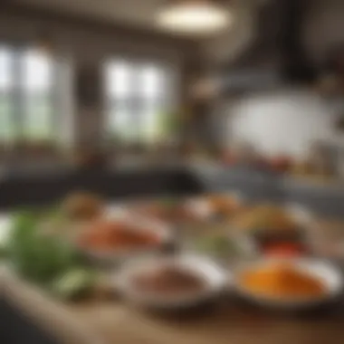 An Inviting Kitchen for Vegetarian Preparation An inviting kitchen scene with a variety of spices and ingredients ready for a vegetarian meal.