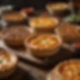 An array of savory pies with golden crusts, showcasing a variety of fillings.