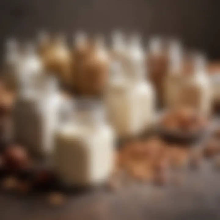 Nuts and seeds scattered around assorted jars of nut milk