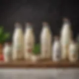 A variety of plant-based milk alternatives displayed in glass bottles