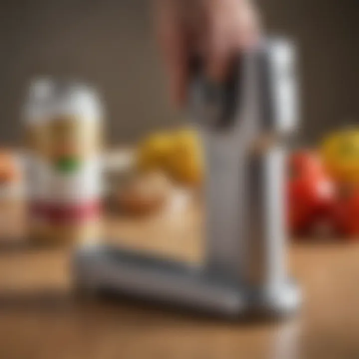 Close-up of an electric can opener in use